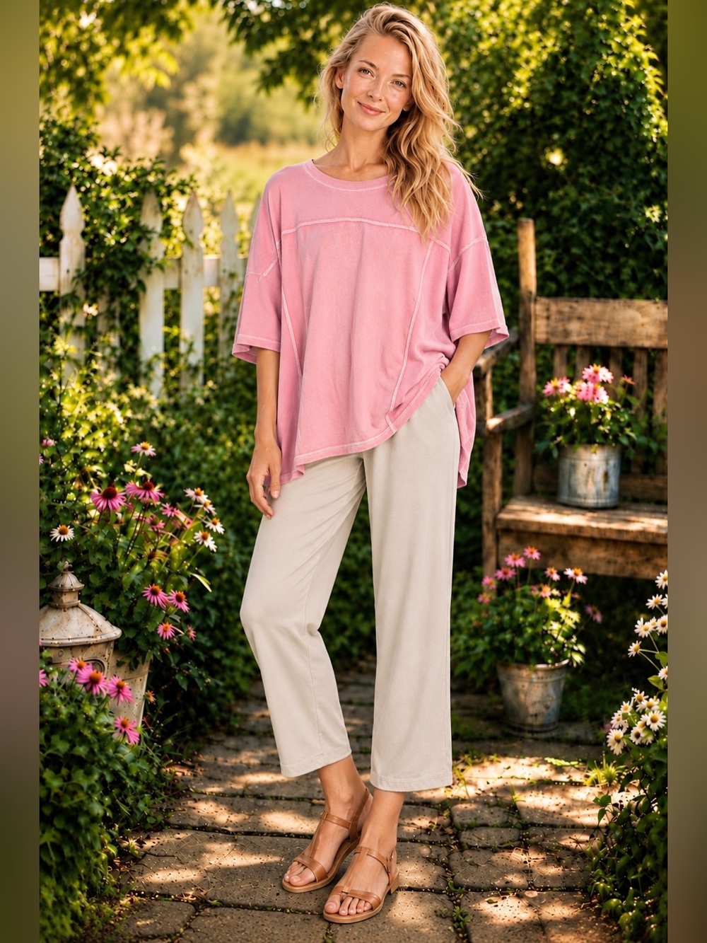 Easel Mineral Washed Pink Oversized Cotton Top – M